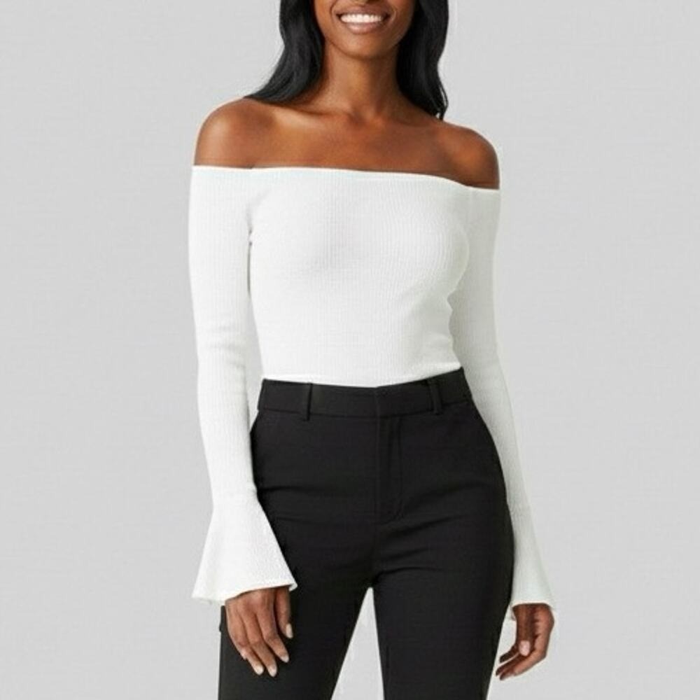 NWT Womens Bell Sleeve Ribbed Off Shoulder Bodysuit Solid White Capsule Size S